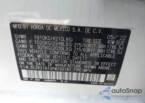 2023 Honda Hr-V 2Wd Ex-L from USA, damaged, VIN 3CZRZ1H73PM700181